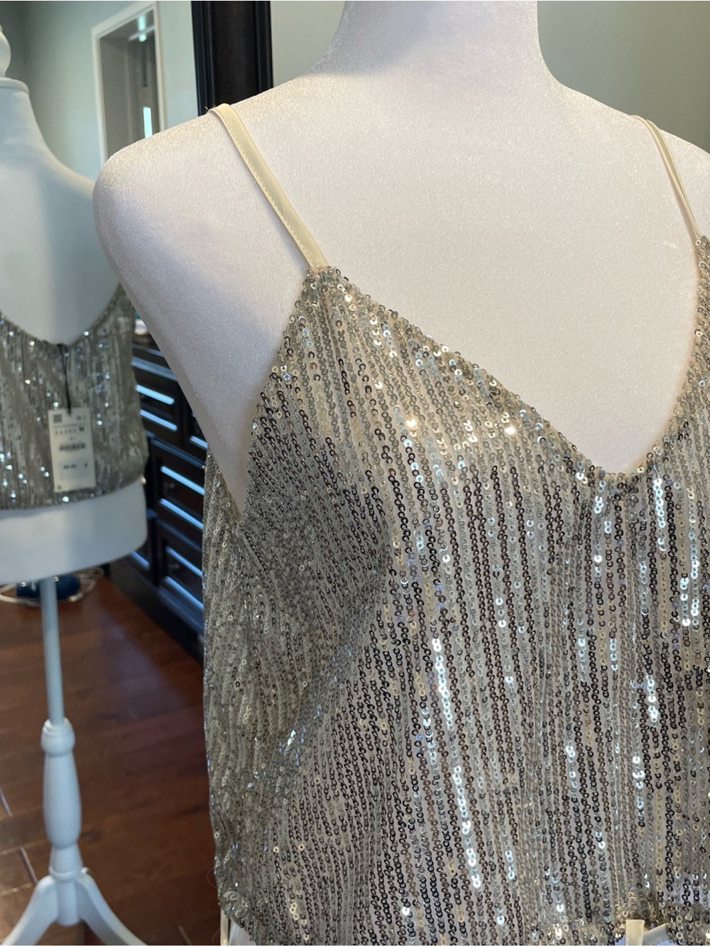 Zara Sequin Cami Tank Top (Med) Silver with tags but flaw. - Picture 4 of 9